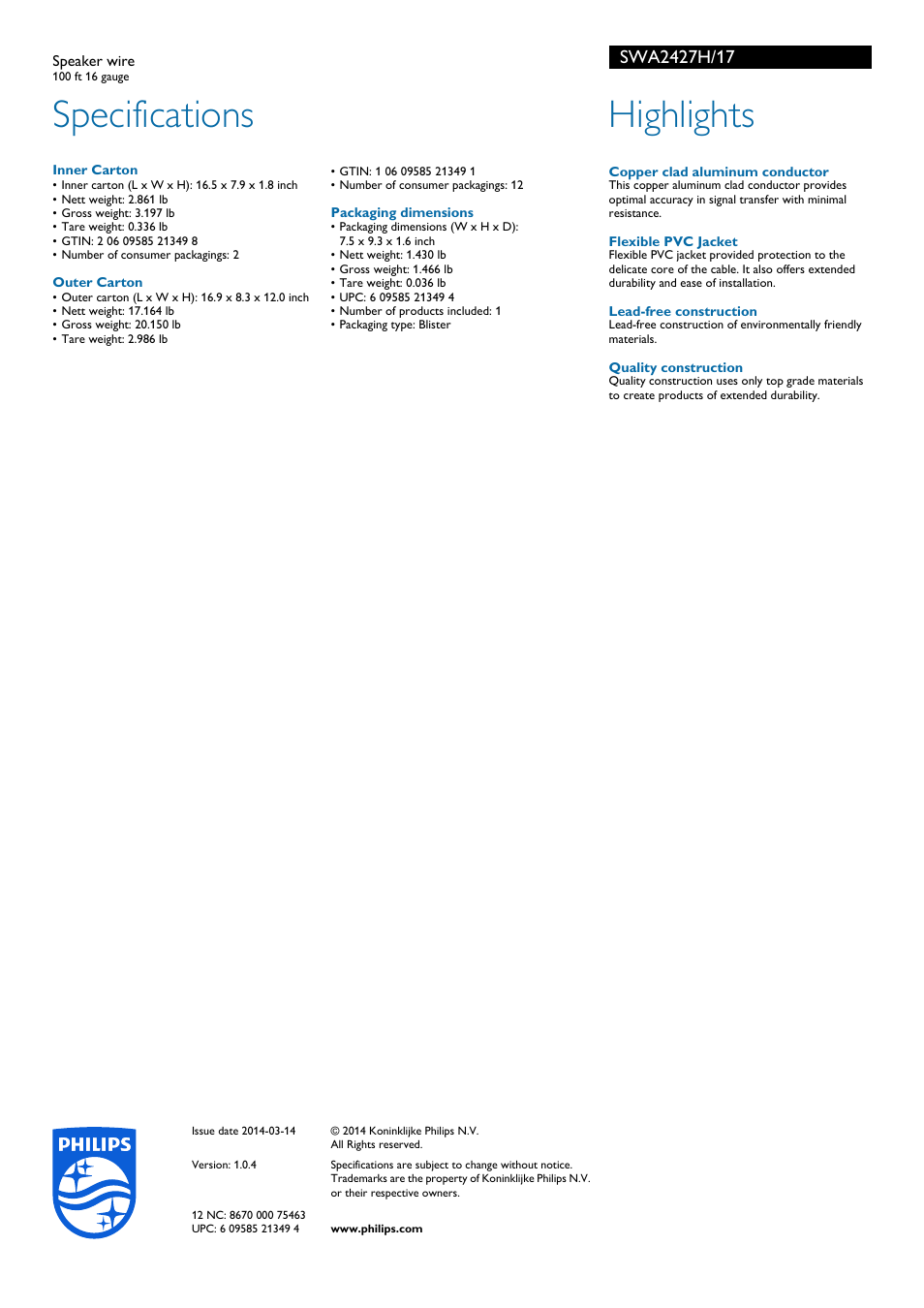 Specifications, Highlights | Philips SWA2427H-17 User Manual | Page 2 / 2