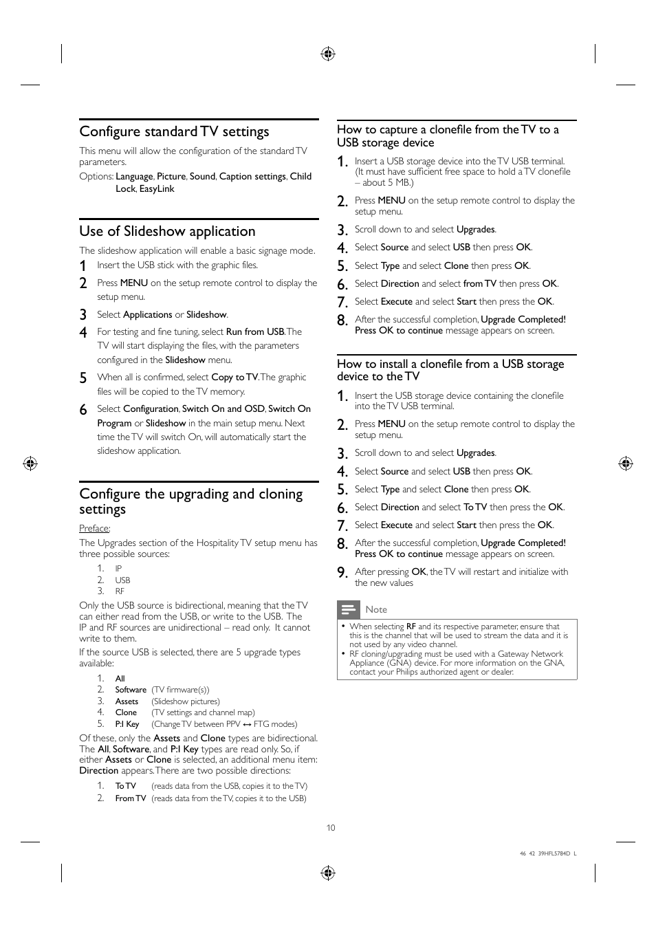 Configure standard tv settings, Use of slideshow application, Configure the upgrading and cloning settings | Philips Hospitality LED-LCD TV 46HFL5784L 117cm-46" class b-LAN™ ProIdiom® MPEG-4 User Manual | Page 10 / 12