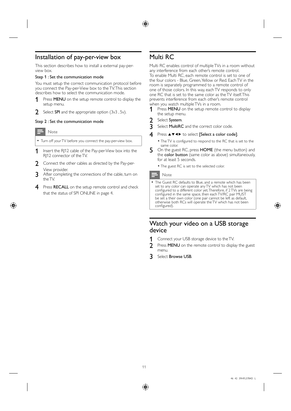 Installation of pay-per-view box, Multi rc, Watch your video on a usb storage device | Philips Hospitality LED-LCD TV 46HFL5784L 117cm-46" class b-LAN™ ProIdiom® MPEG-4 User Manual | Page 11 / 12