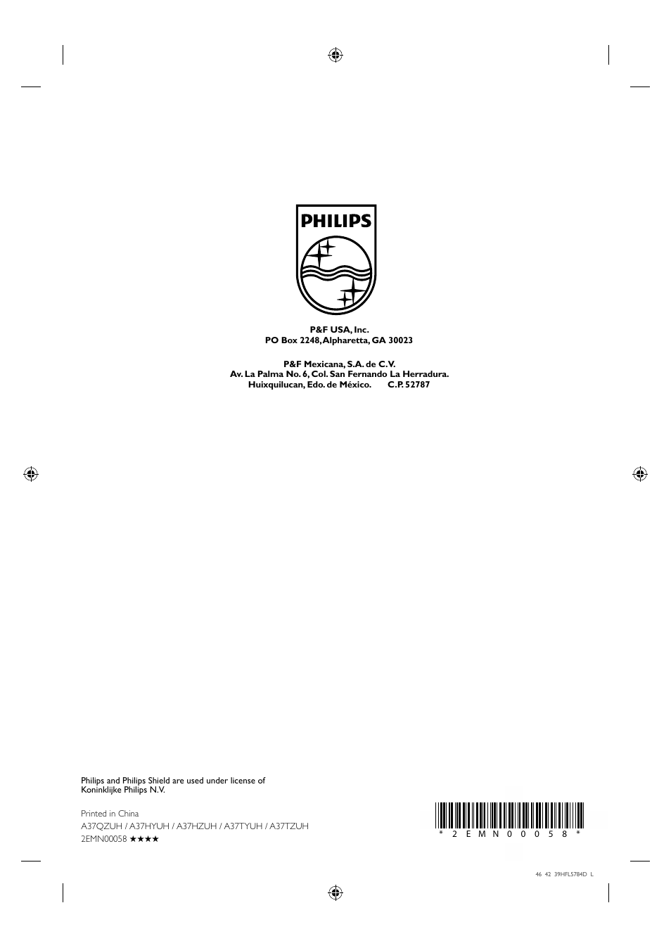 Philips Hospitality LED-LCD TV 46HFL5784L 117cm-46" class b-LAN™ ProIdiom® MPEG-4 User Manual | Page 12 / 12