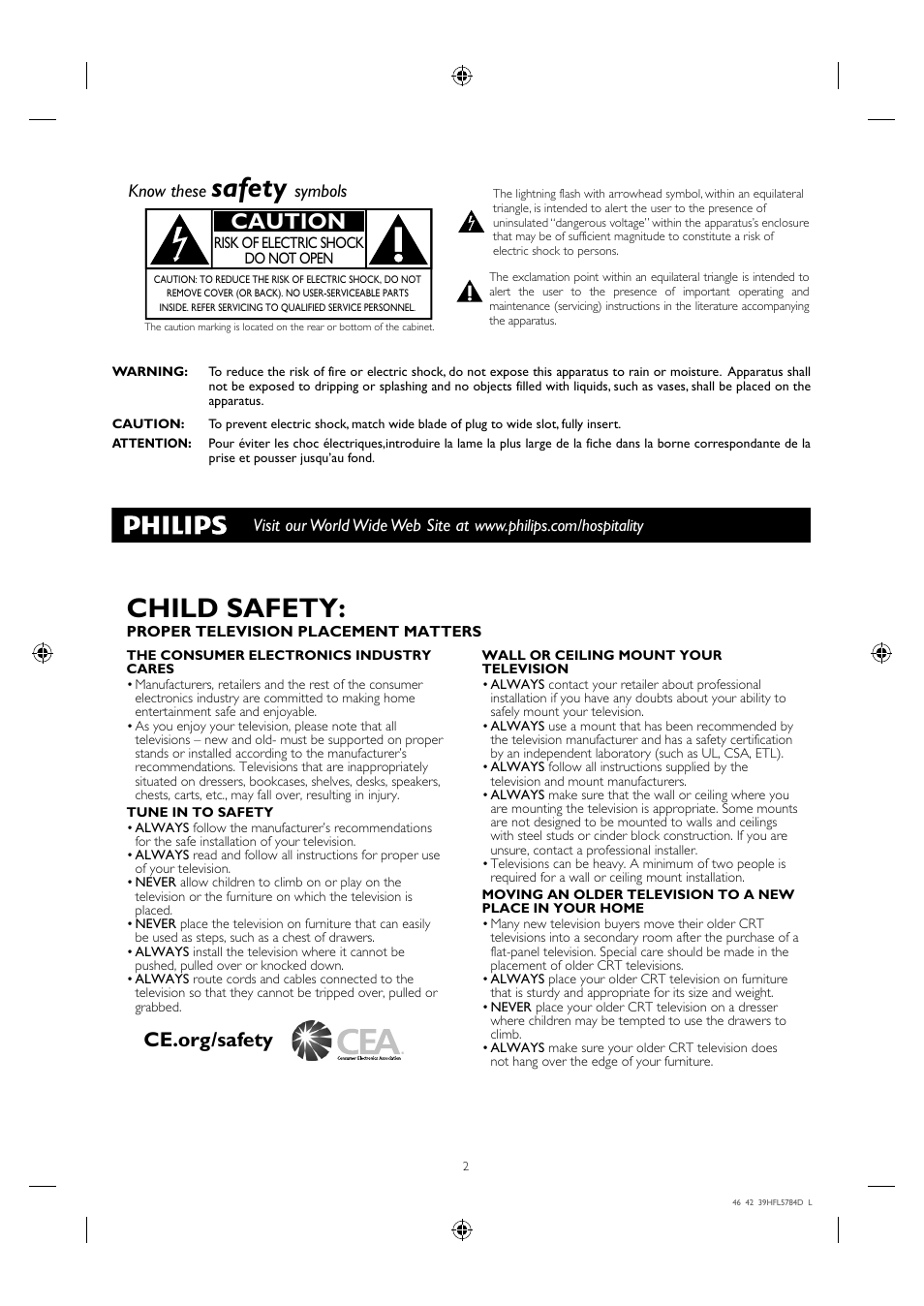 Safety, Child safety, Caution | Know these, Symbols | Philips Hospitality LED-LCD TV 46HFL5784L 117cm-46" class b-LAN™ ProIdiom® MPEG-4 User Manual | Page 2 / 12