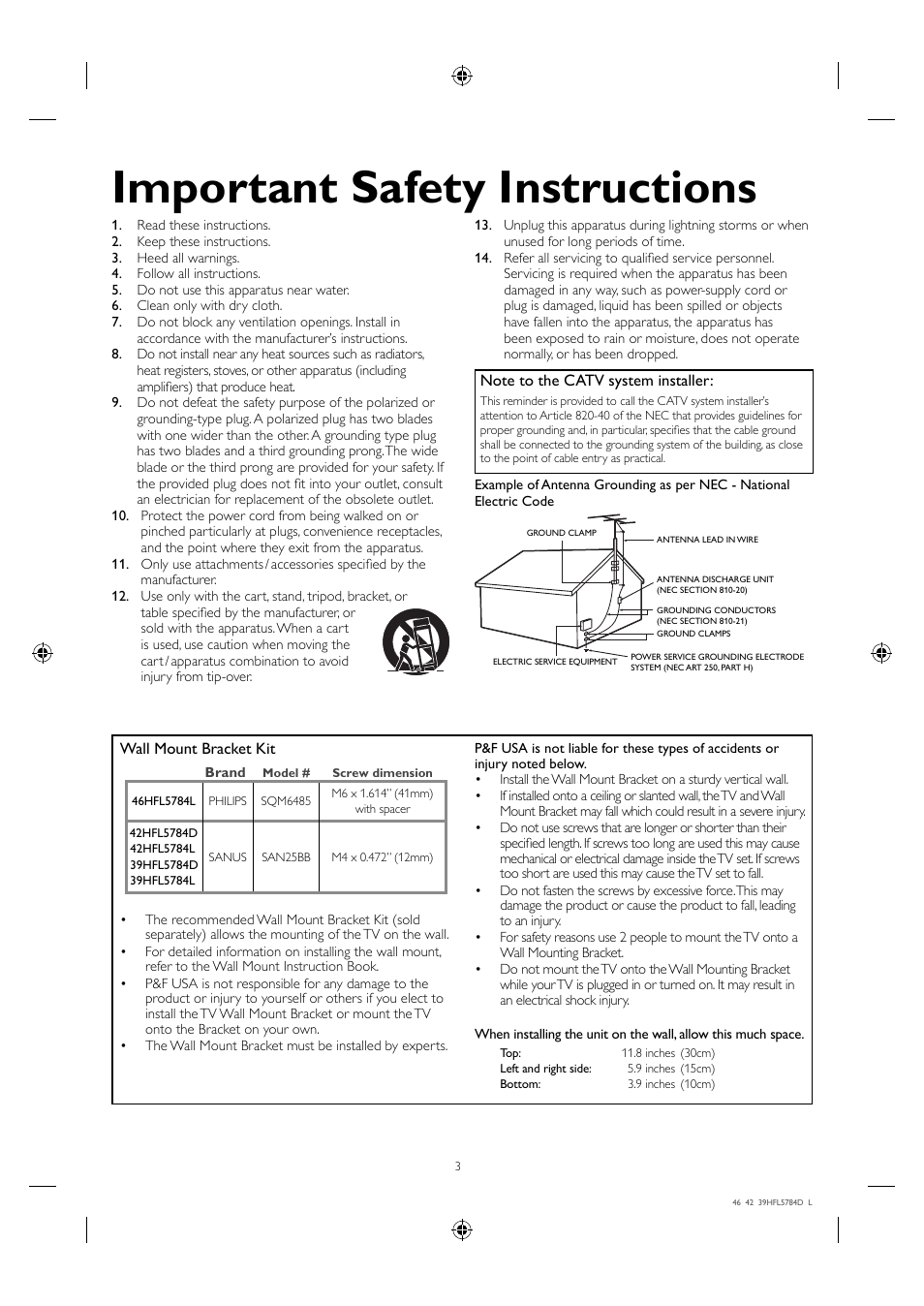 Important safety instructions | Philips Hospitality LED-LCD TV 46HFL5784L 117cm-46" class b-LAN™ ProIdiom® MPEG-4 User Manual | Page 3 / 12