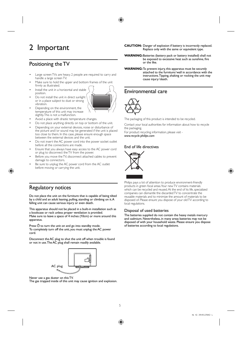 2 important, Positioning the tv, Regulatory notices | Environmental care | Philips Hospitality LED-LCD TV 46HFL5784L 117cm-46" class b-LAN™ ProIdiom® MPEG-4 User Manual | Page 5 / 12