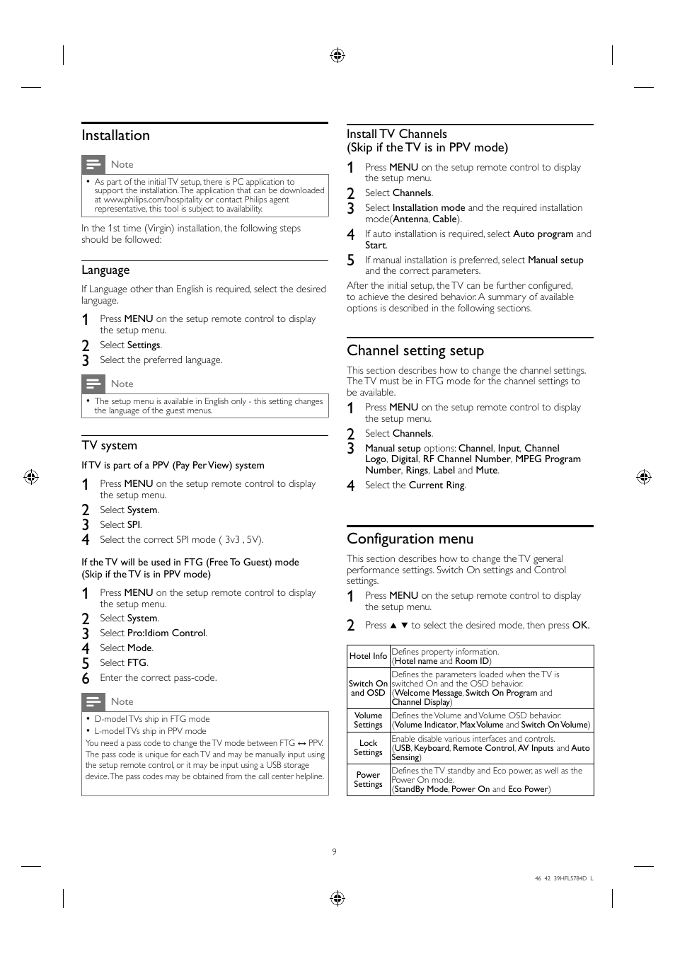Installation, Channel setting setup, Configuration menu | Philips Hospitality LED-LCD TV 46HFL5784L 117cm-46" class b-LAN™ ProIdiom® MPEG-4 User Manual | Page 9 / 12