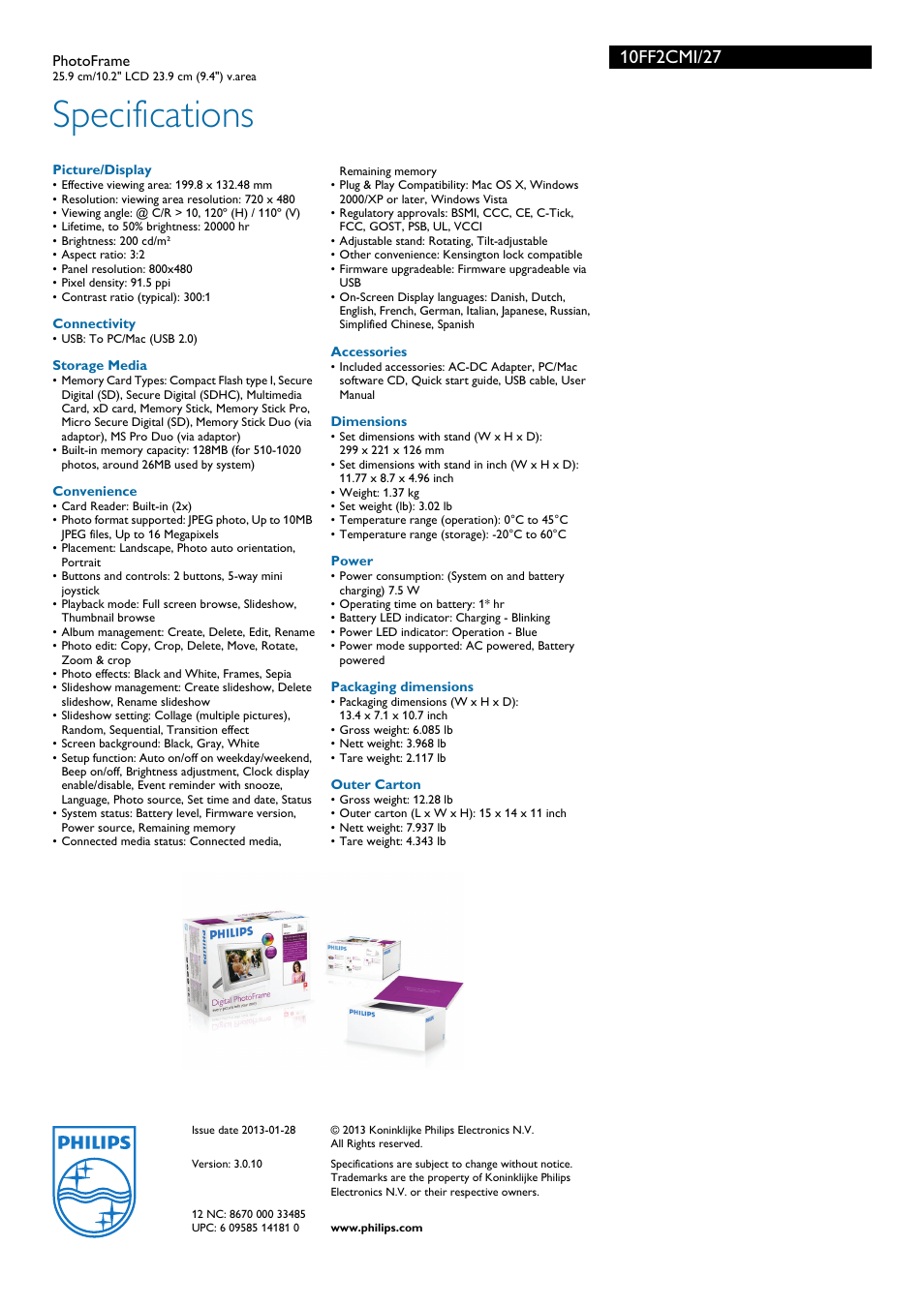 Specifications | Philips 10FF2CMI-27B User Manual | Page 3 / 3