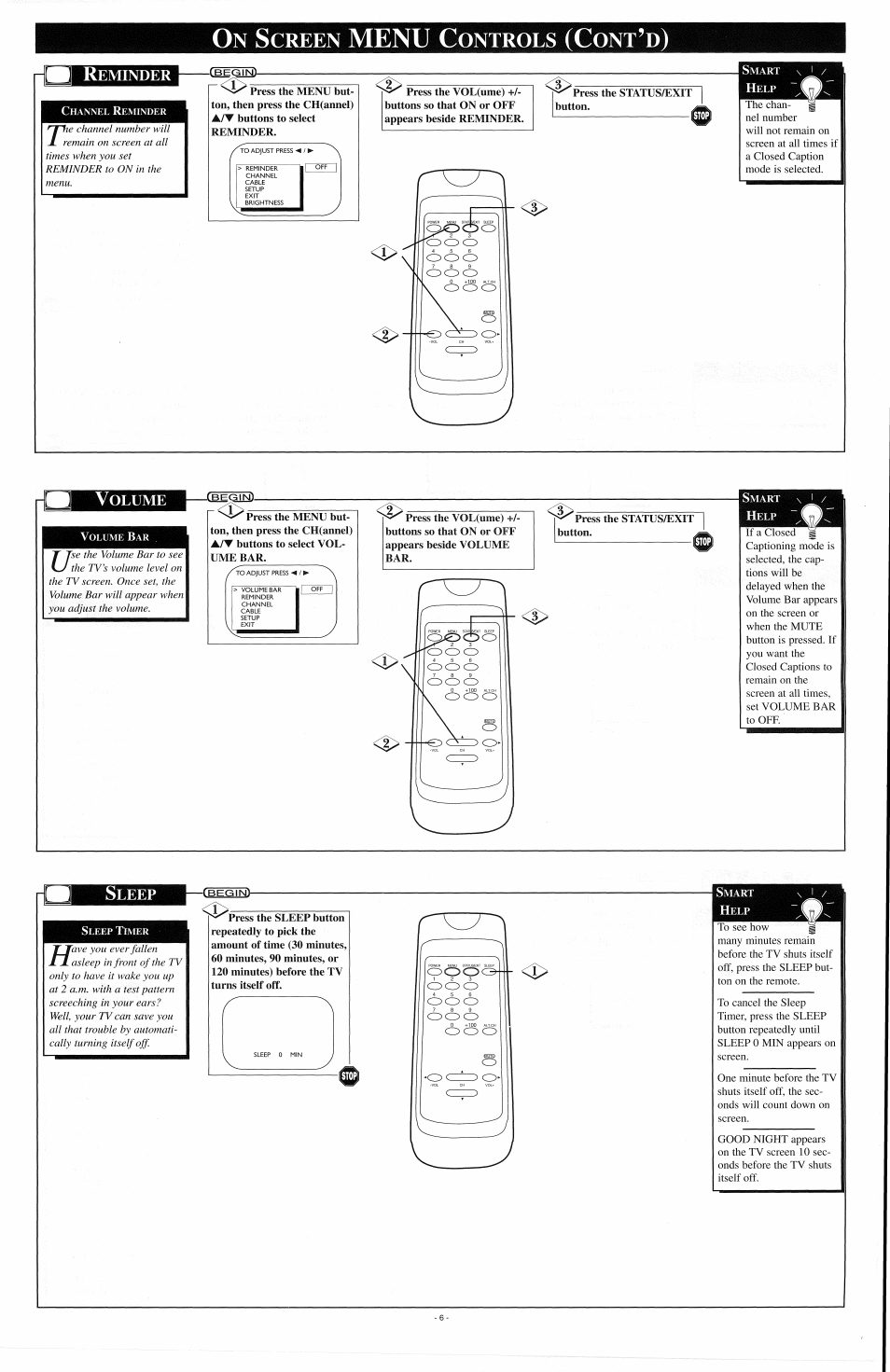 Menu c, Creen, Ontrols | Eminder, Olume, Leep | Philips 19SV07B User Manual | Page 11 / 16