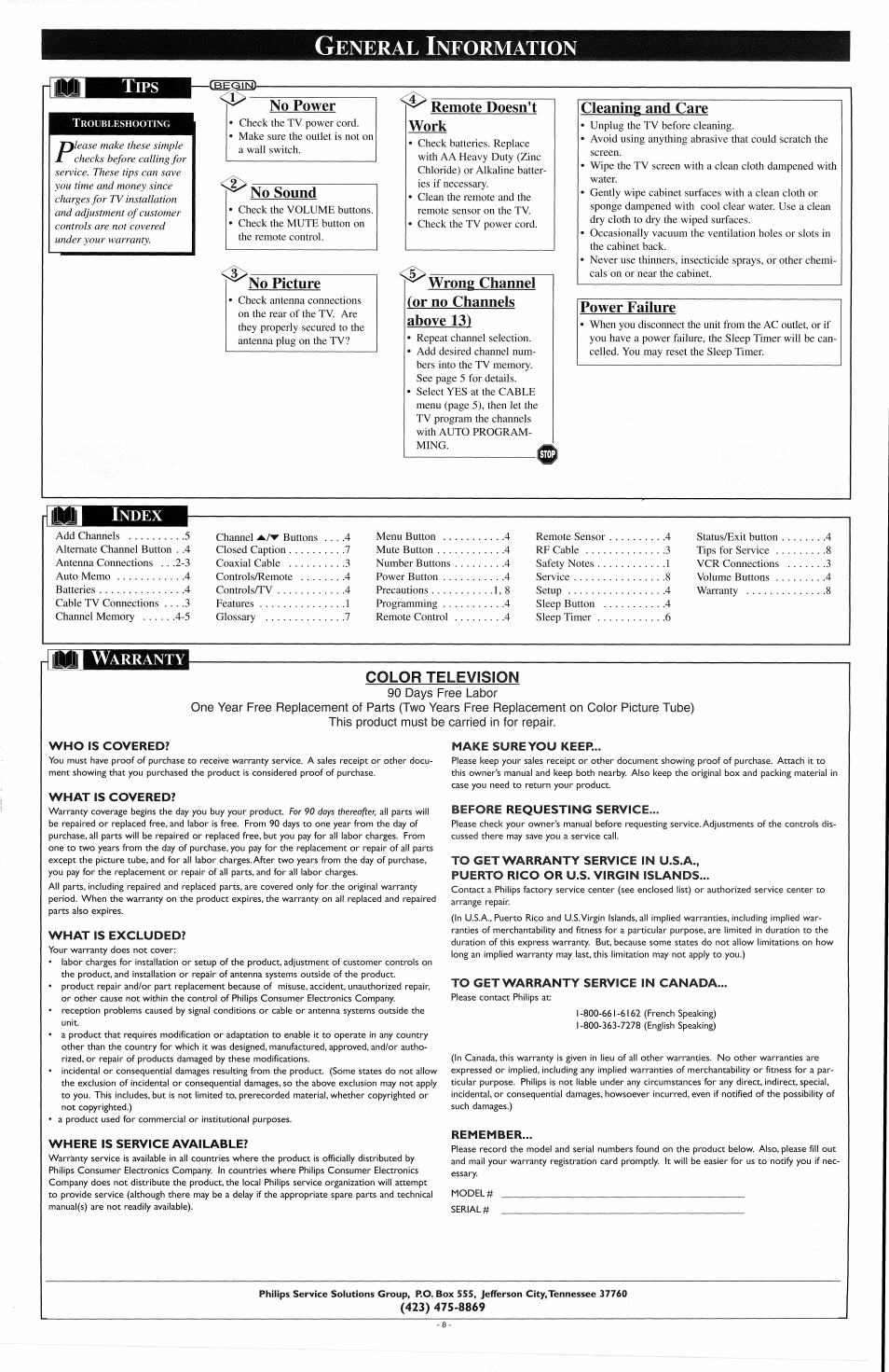 Eneral, Nformation, No power | No sound, No picture, Remote doesn't work, Wrong channel (or no channels above 13), Cleaning and care, Power failure, Color television | Philips 19SV07B User Manual | Page 15 / 16
