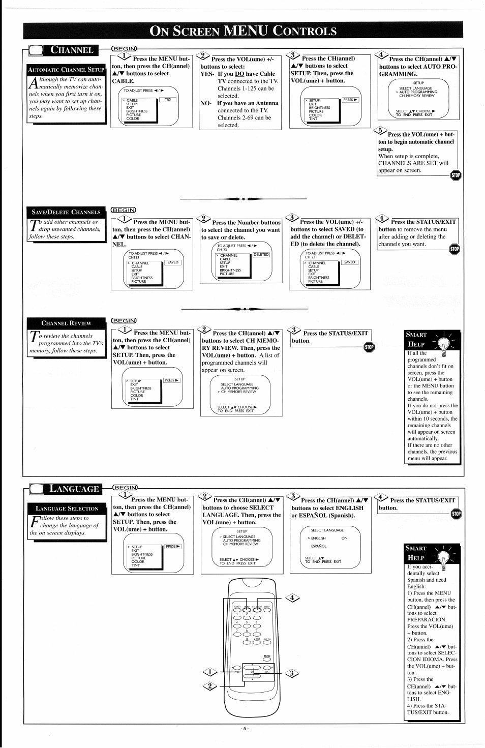 Creen, Menu, Ontrols c | Hannel, Anguage | Philips 19SV07B User Manual | Page 9 / 16