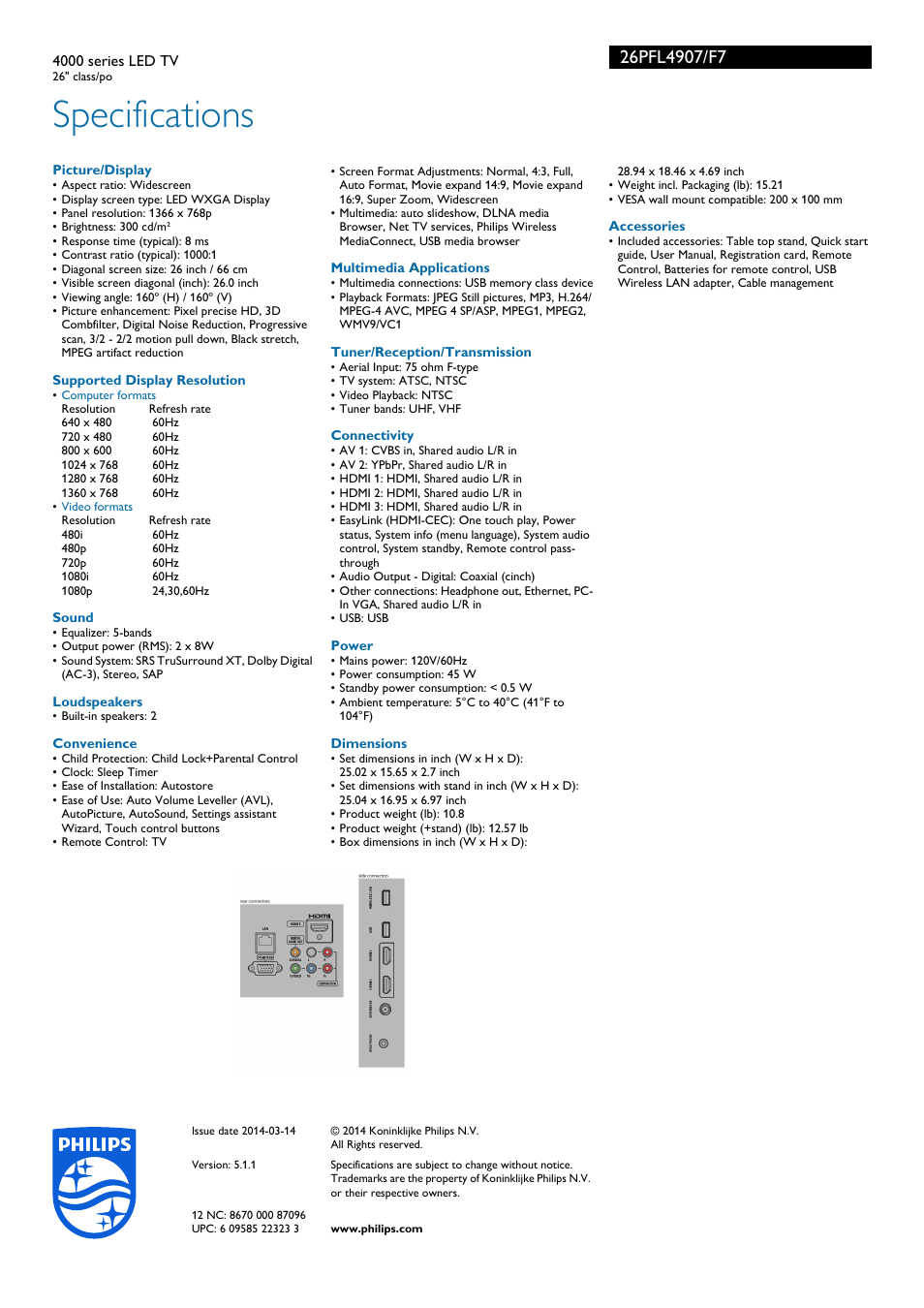 Specifications | Philips 26PFL4907-F7 User Manual | Page 3 / 3