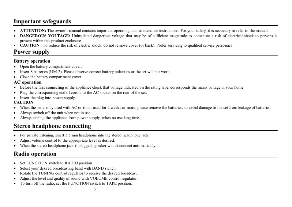 Important safeguards, Power supply, Stereo headphone connecting | Radio operation | Hyundai H-1402 User Manual | Page 3 / 13