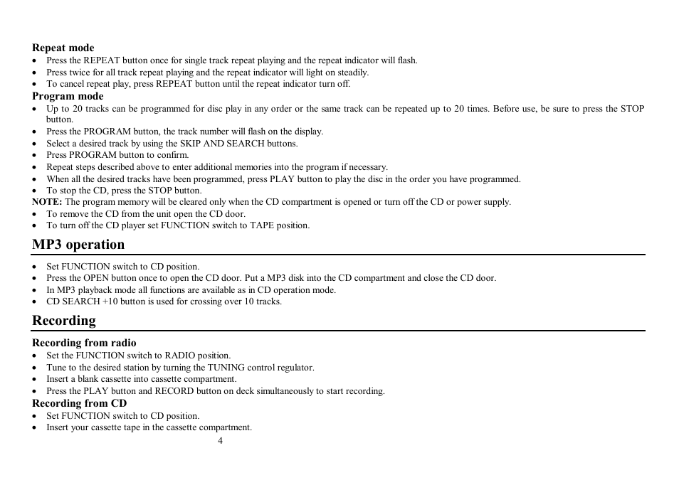 Mp3 operation, Recording | Hyundai H-1402 User Manual | Page 5 / 13