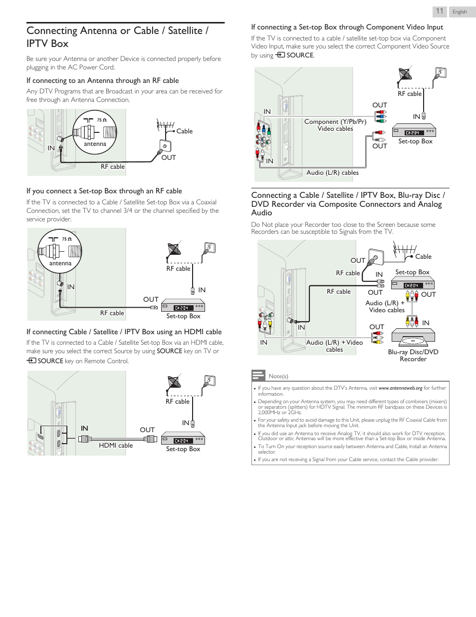 Connecting antenna or cable / satellite / iptv box | Philips 40PFL4709-F7 User Manual | Page 11 / 39