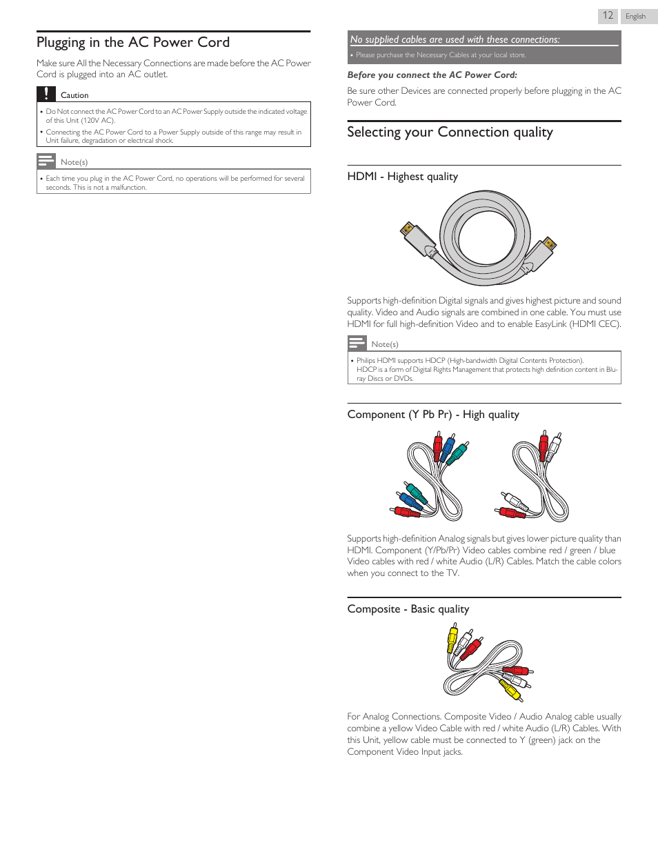 Plugging in the ac power cord, Selecting your connection quality, Hdmi - highest quality | Component (y pb pr) - high quality, Composite - basic quality | Philips 40PFL4709-F7 User Manual | Page 12 / 39