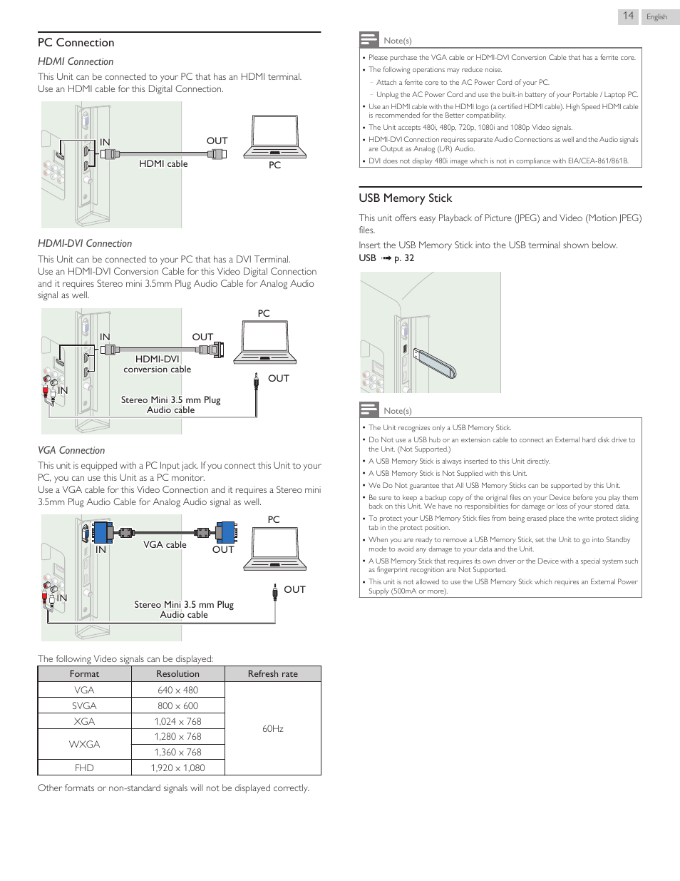 Pc connection, Usb memory stick | Philips 40PFL4709-F7 User Manual | Page 14 / 39