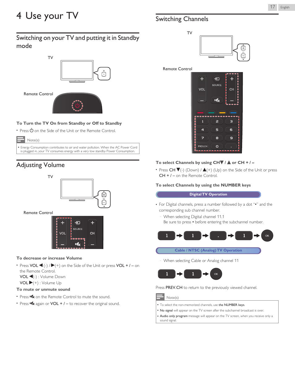 Use your tv, Adjusting volume, Switching channels | 4 use your tv | Philips 40PFL4709-F7 User Manual | Page 17 / 39