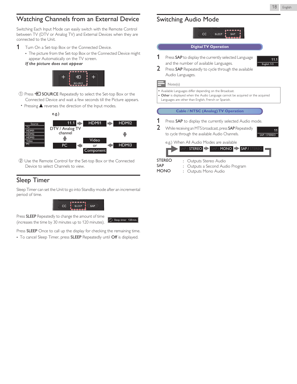 Watching channels from an external device, Sleep timer, Switching audio mode | Philips 40PFL4709-F7 User Manual | Page 18 / 39