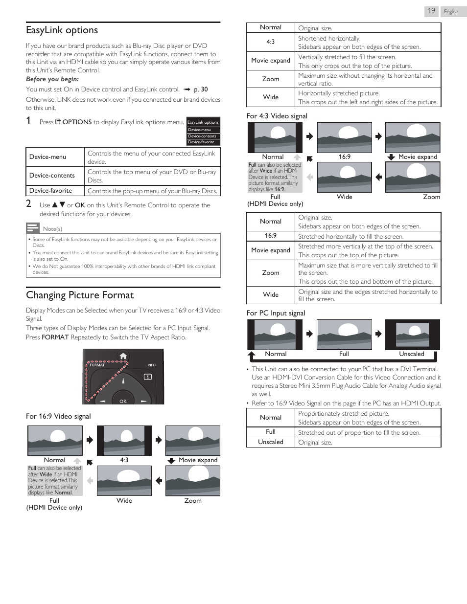 Easylink options, Changing picture format | Philips 40PFL4709-F7 User Manual | Page 19 / 39