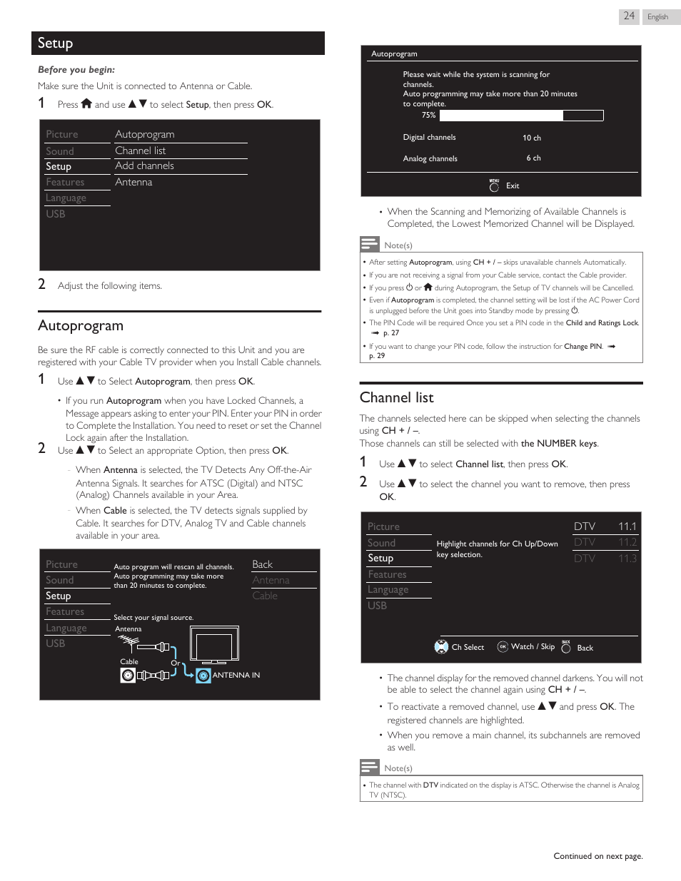 Setup, Autoprogram, Channel list | L p. 24, Autoprogram l p. 24 | Philips 40PFL4709-F7 User Manual | Page 24 / 39