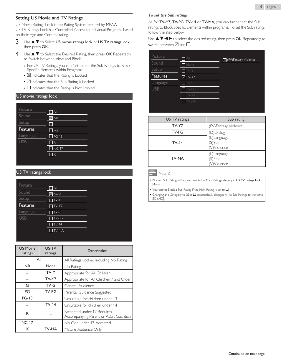 Setting us movie and tv ratings | Philips 40PFL4709-F7 User Manual | Page 28 / 39