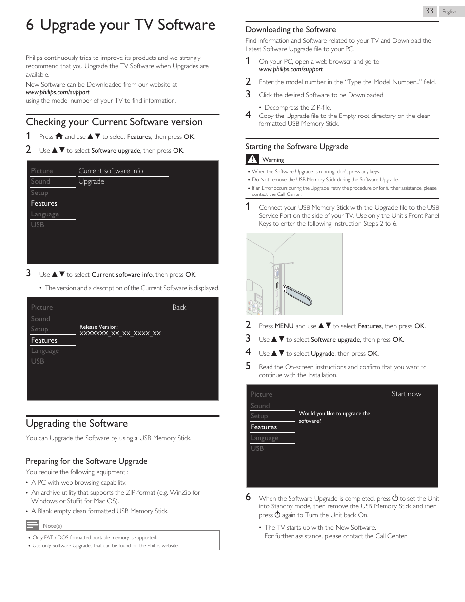 Upgrade your tv software, Checking your current software version, Upgrading the software | 6 upgrade your tv software, Checking your current software version 1 | Philips 40PFL4709-F7 User Manual | Page 33 / 39