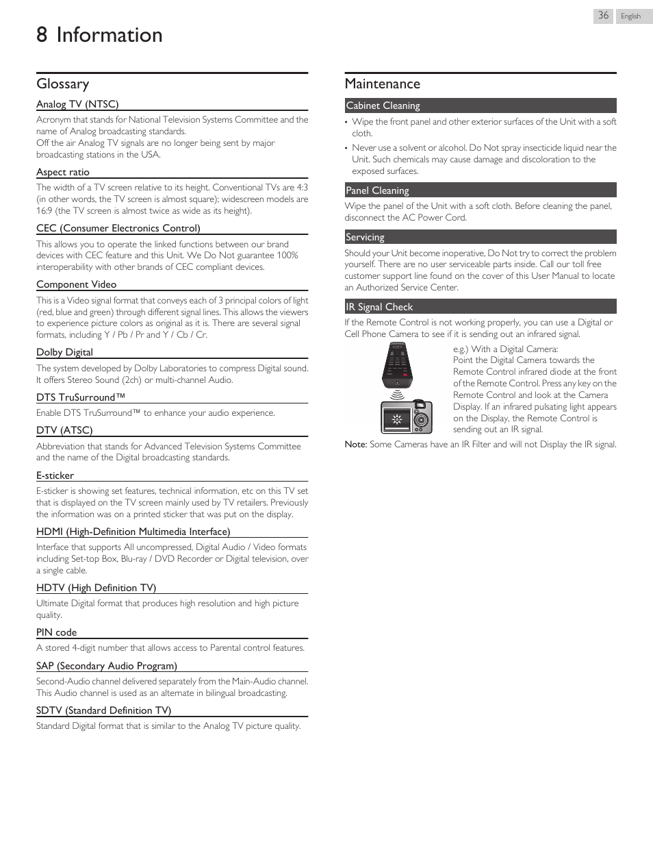 Information, Glossary, Maintenance | 8 information, L p. 36 | Philips 40PFL4709-F7 User Manual | Page 36 / 39