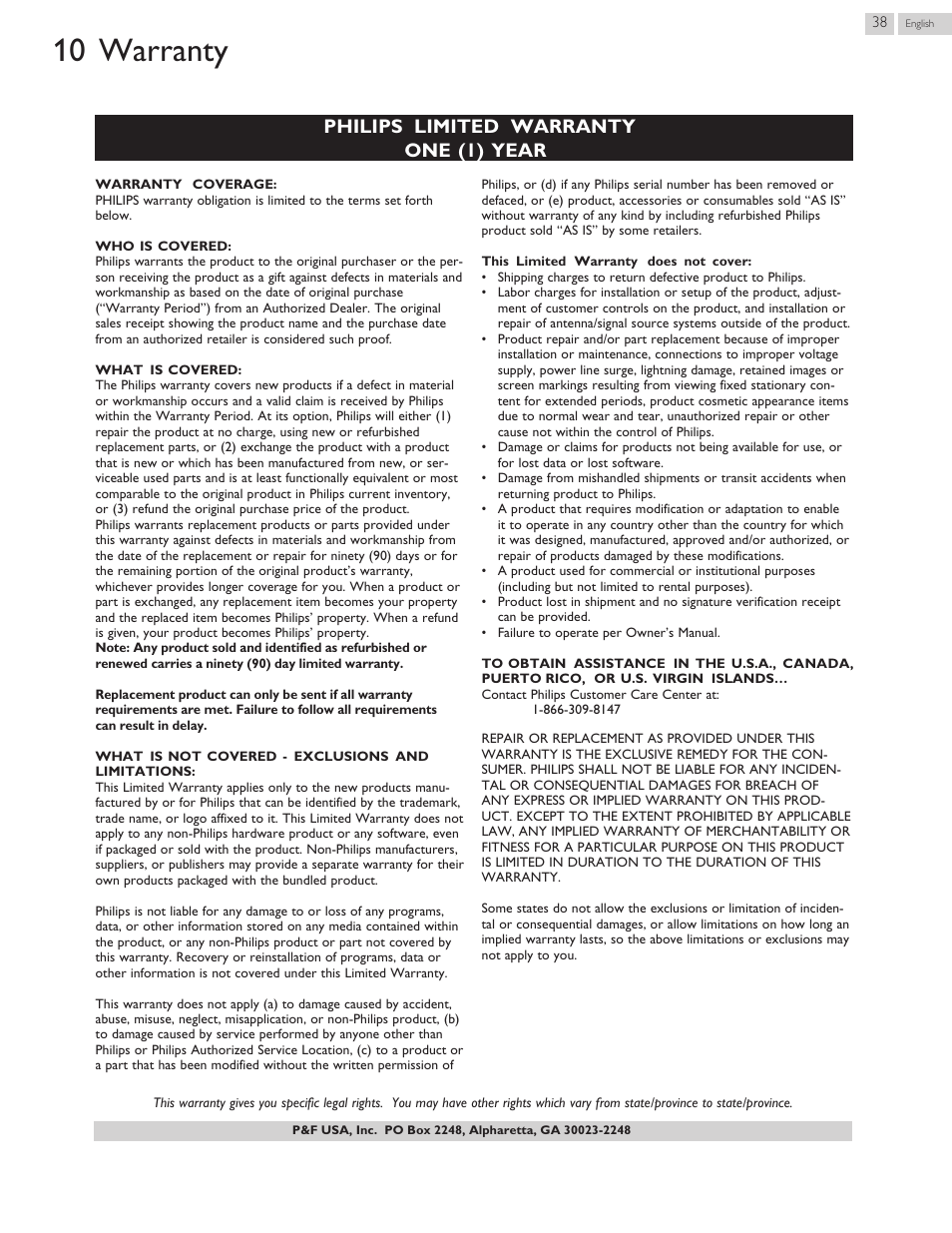 Warranty, 10 warranty, Philips limited warranty one (1) year | Philips 40PFL4709-F7 User Manual | Page 38 / 39