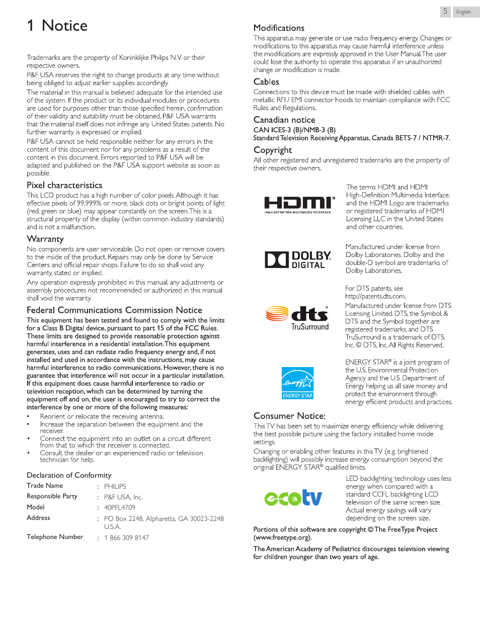 Notice, 1 notice | Philips 40PFL4709-F7 User Manual | Page 5 / 39