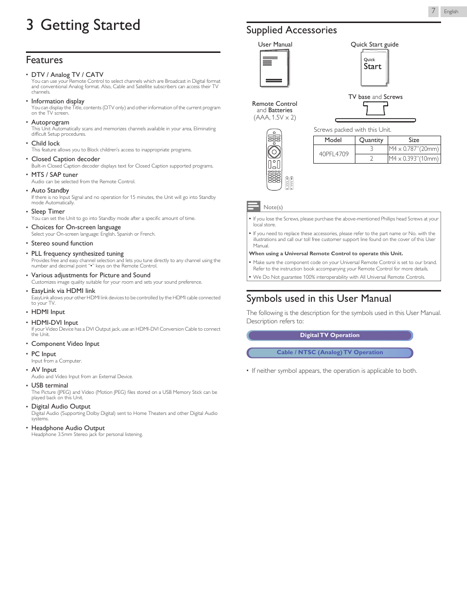 Getting started, Features, Supplied accessories | Symbols used in this user manual, 3 getting started | Philips 40PFL4709-F7 User Manual | Page 7 / 39