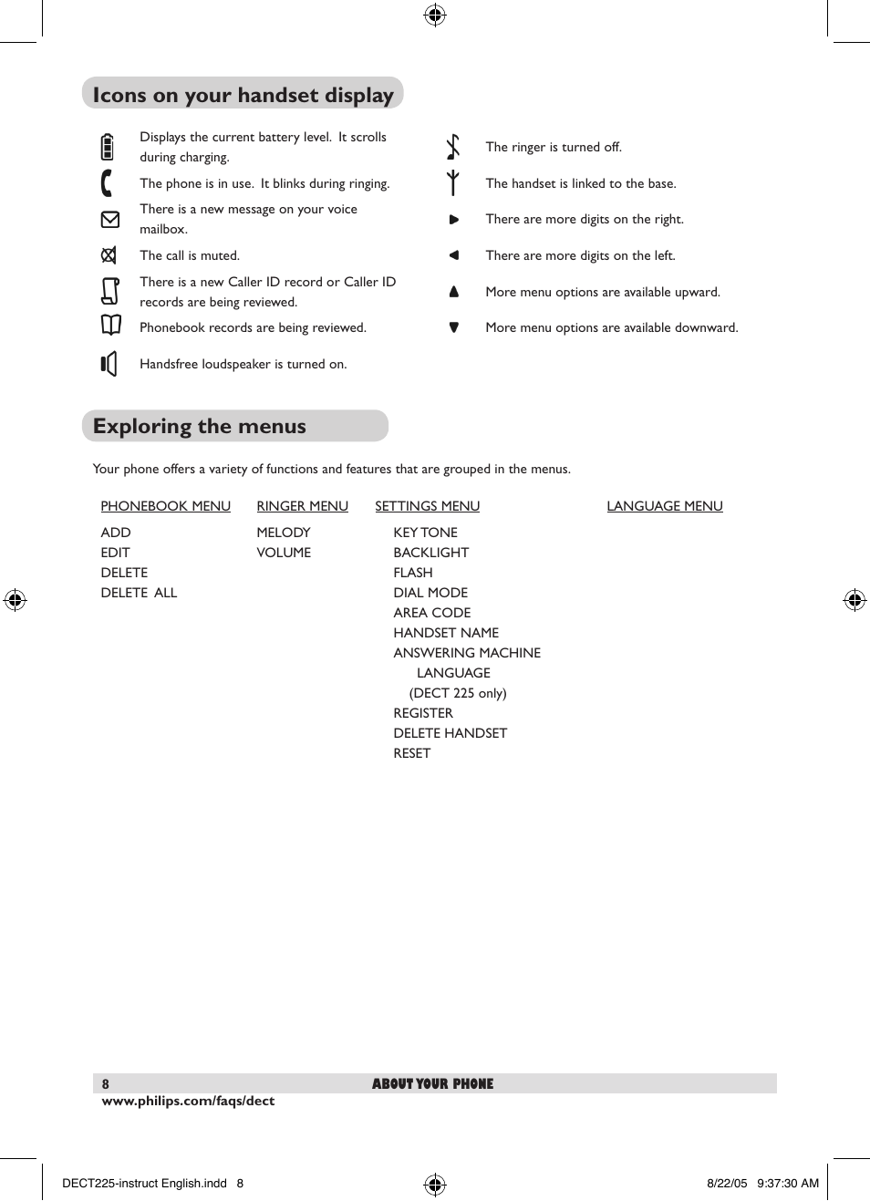 Icons on your handset display exploring the menus | Philips DECT2251S-17 User Manual | Page 10 / 40