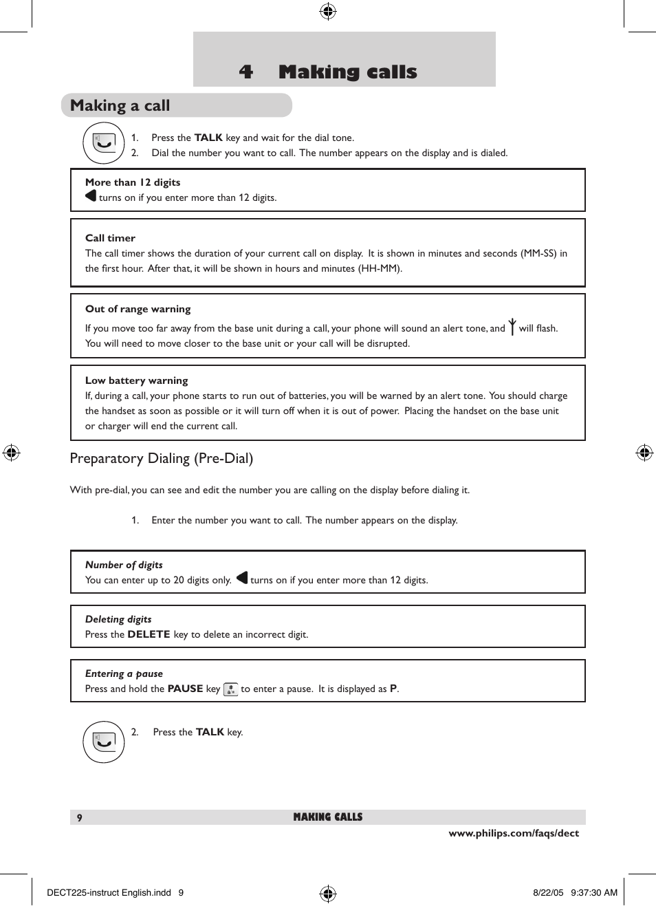 4 making calls, Making a call, Preparatory dialing (pre-dial) | Philips DECT2251S-17 User Manual | Page 11 / 40