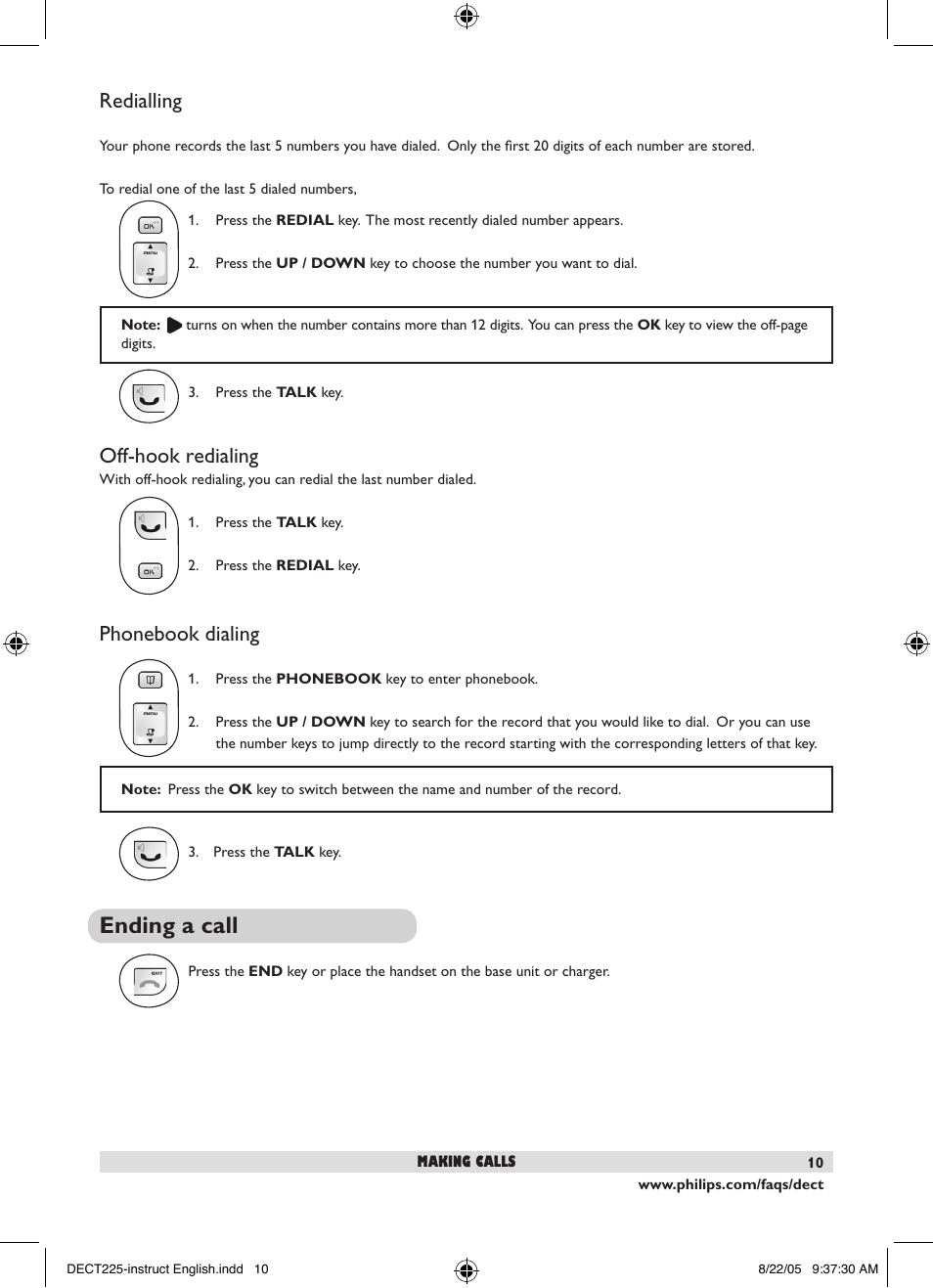 Ending a call, Redialling, Off-hook redialing | Phonebook dialing | Philips DECT2251S-17 User Manual | Page 12 / 40