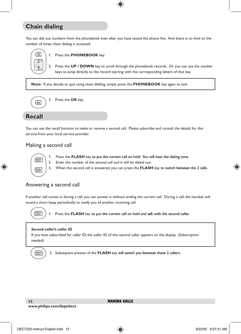 Chain dialing, Recall, Making a second call | Answering a second call | Philips DECT2251S-17 User Manual | Page 14 / 40