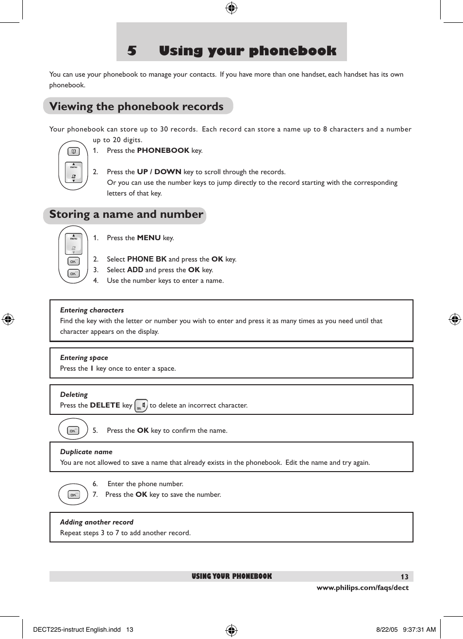 5 using your phonebook, Viewing the phonebook records, Storing a name and number | Philips DECT2251S-17 User Manual | Page 15 / 40