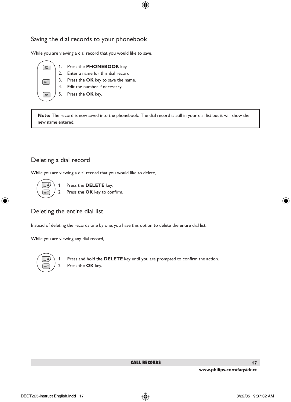 Saving the dial records to your phonebook, Deleting a dial record, Deleting the entire dial list | Philips DECT2251S-17 User Manual | Page 19 / 40