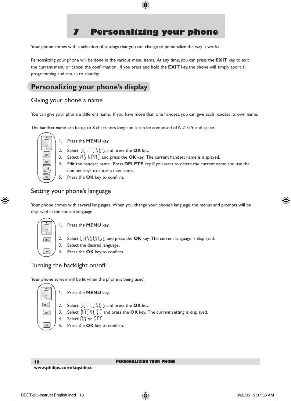 7 personalizing your phone, Personalizing your phone’s display, Giving your phone a name | Setting your phone’s language, Turning the backlight on/off | Philips DECT2251S-17 User Manual | Page 20 / 40