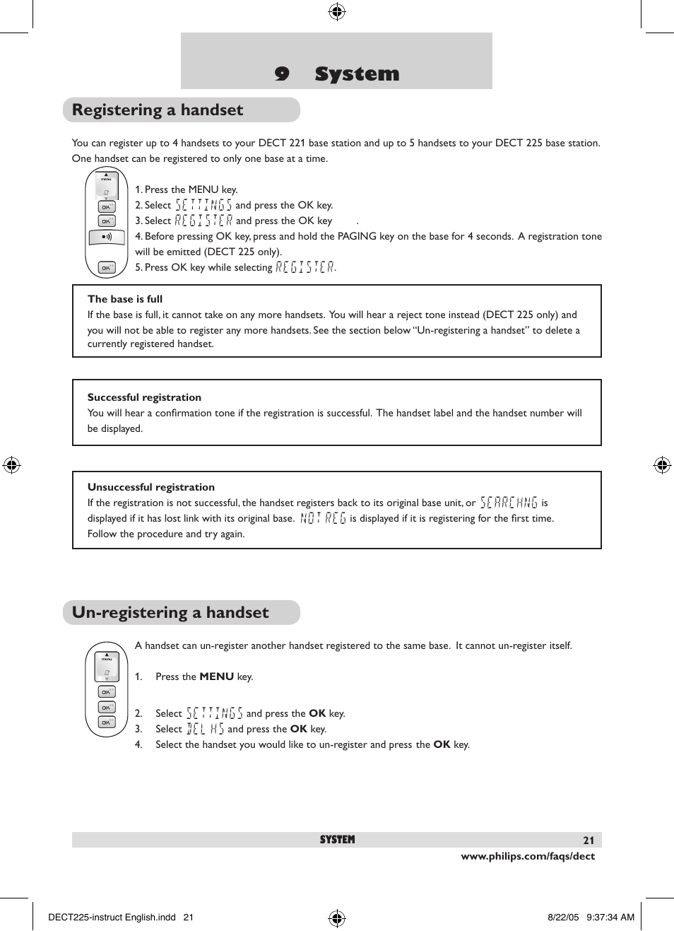 9 system, Registering a handset, Un-registering a handset | Philips DECT2251S-17 User Manual | Page 23 / 40