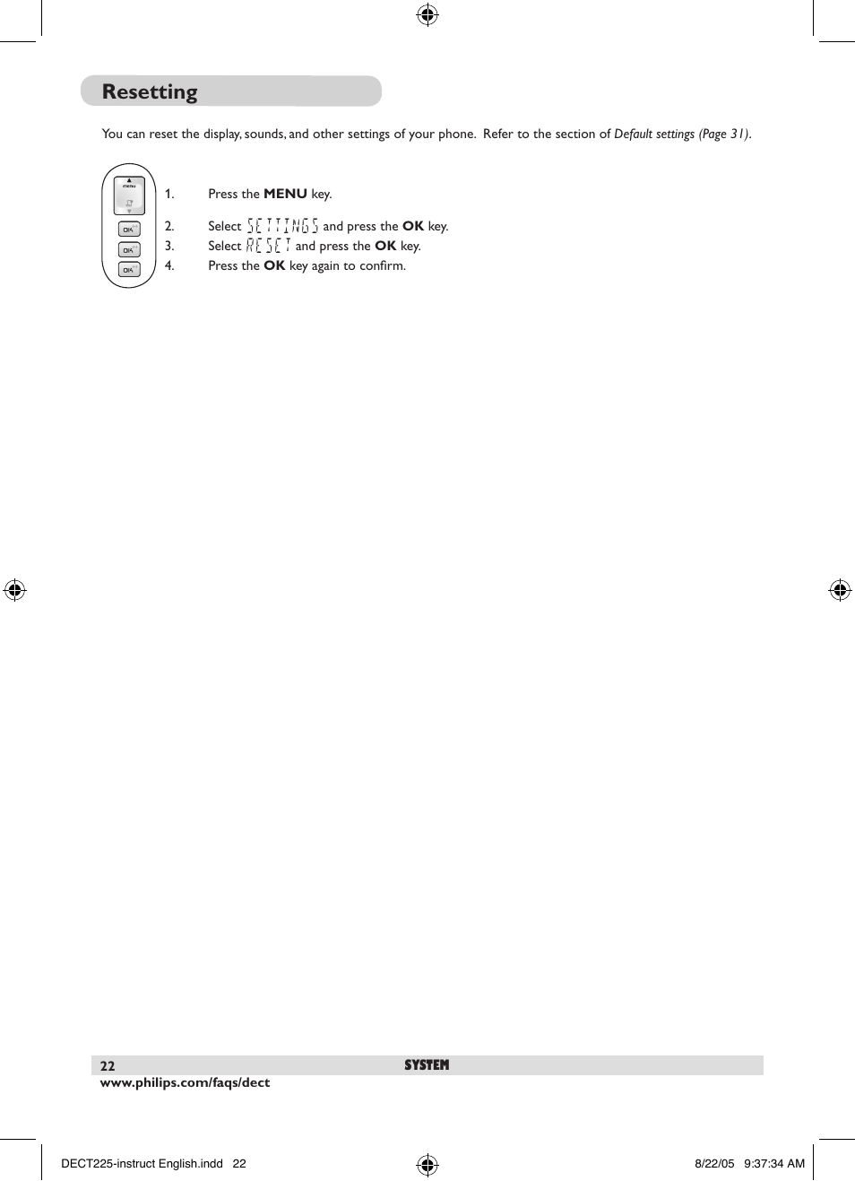 Resetting | Philips DECT2251S-17 User Manual | Page 24 / 40