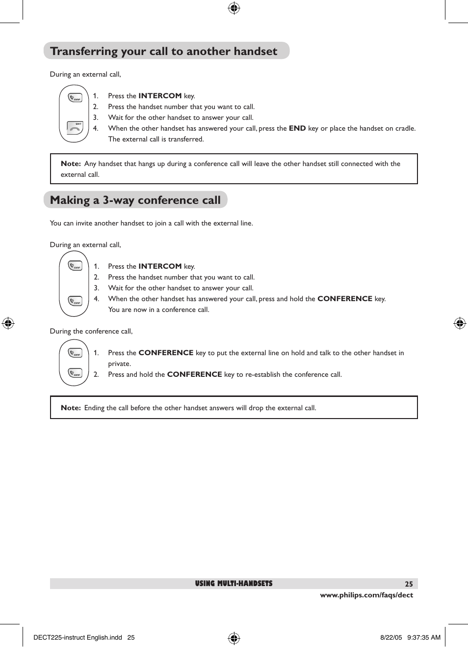 Transferring your call to another handset, Making a -way conference call | Philips DECT2251S-17 User Manual | Page 27 / 40