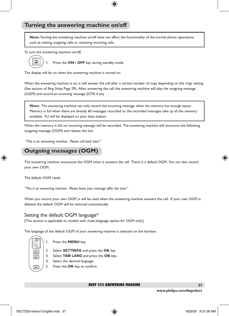 Turning the answering machine on/off, Outgoing messages (ogm), Setting the default ogm language | Philips DECT2251S-17 User Manual | Page 29 / 40