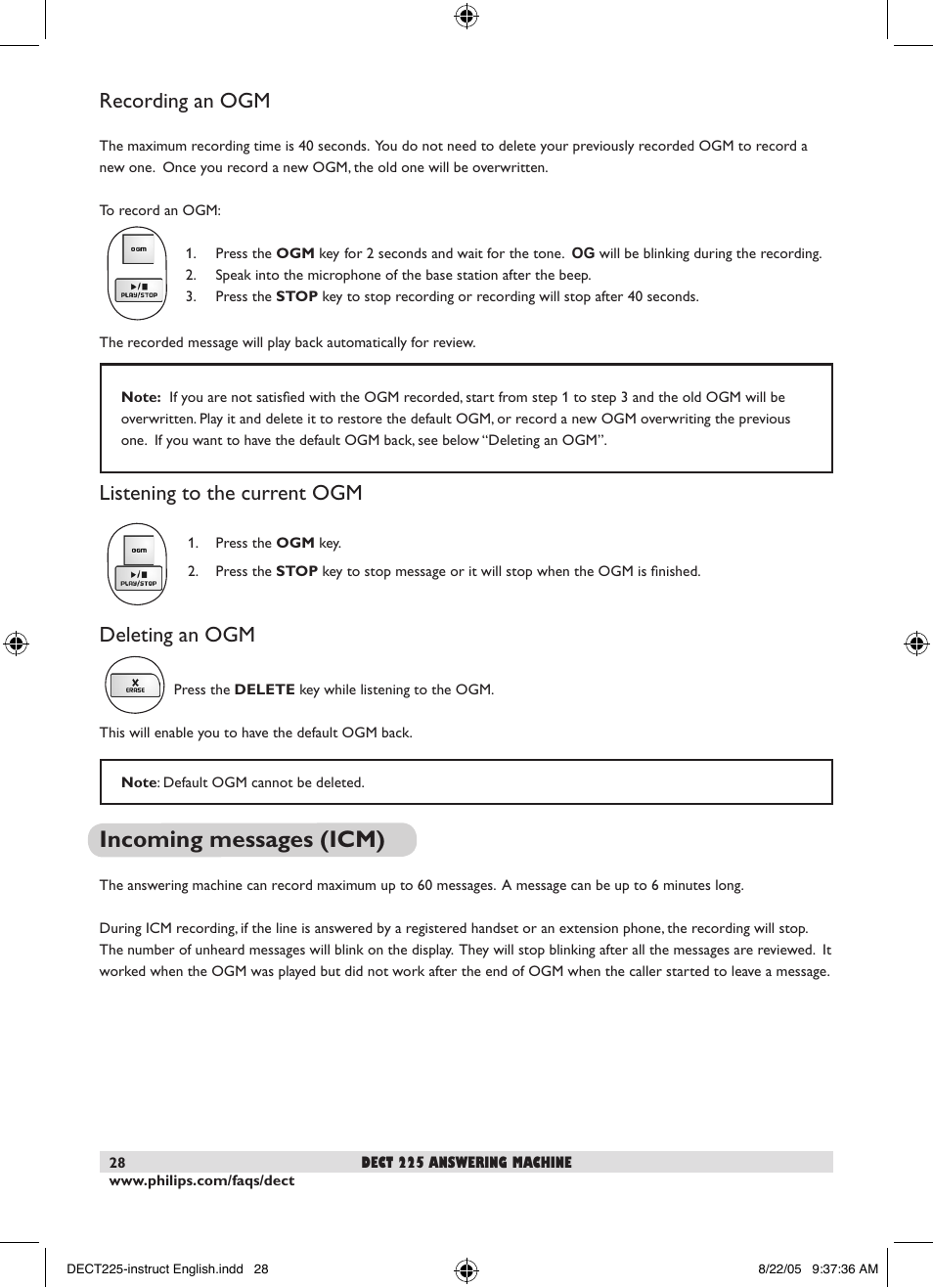 Incoming messages (icm), Recording an ogm, Listening to the current ogm | Deleting an ogm | Philips DECT2251S-17 User Manual | Page 30 / 40