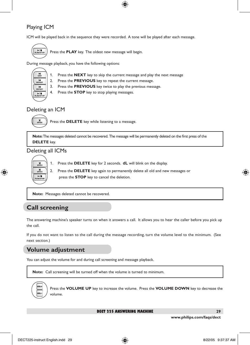 Call screening, Volume adjustment, Playing icm | Deleting an icm, Deleting all icms | Philips DECT2251S-17 User Manual | Page 31 / 40