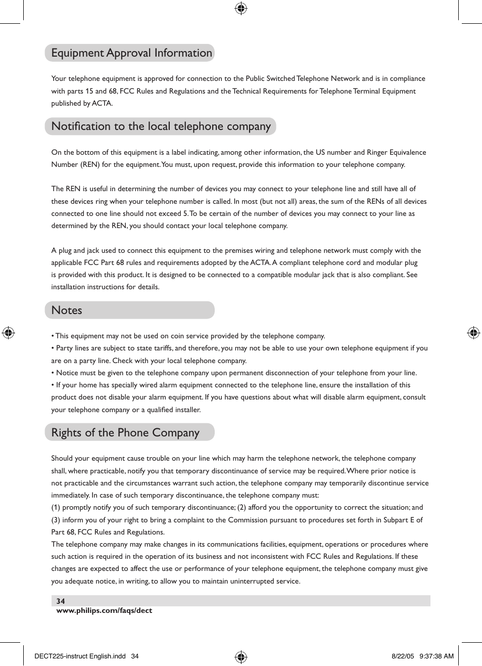 Equipment approval information, Notification to the local telephone company, Rights of the phone company | Philips DECT2251S-17 User Manual | Page 36 / 40