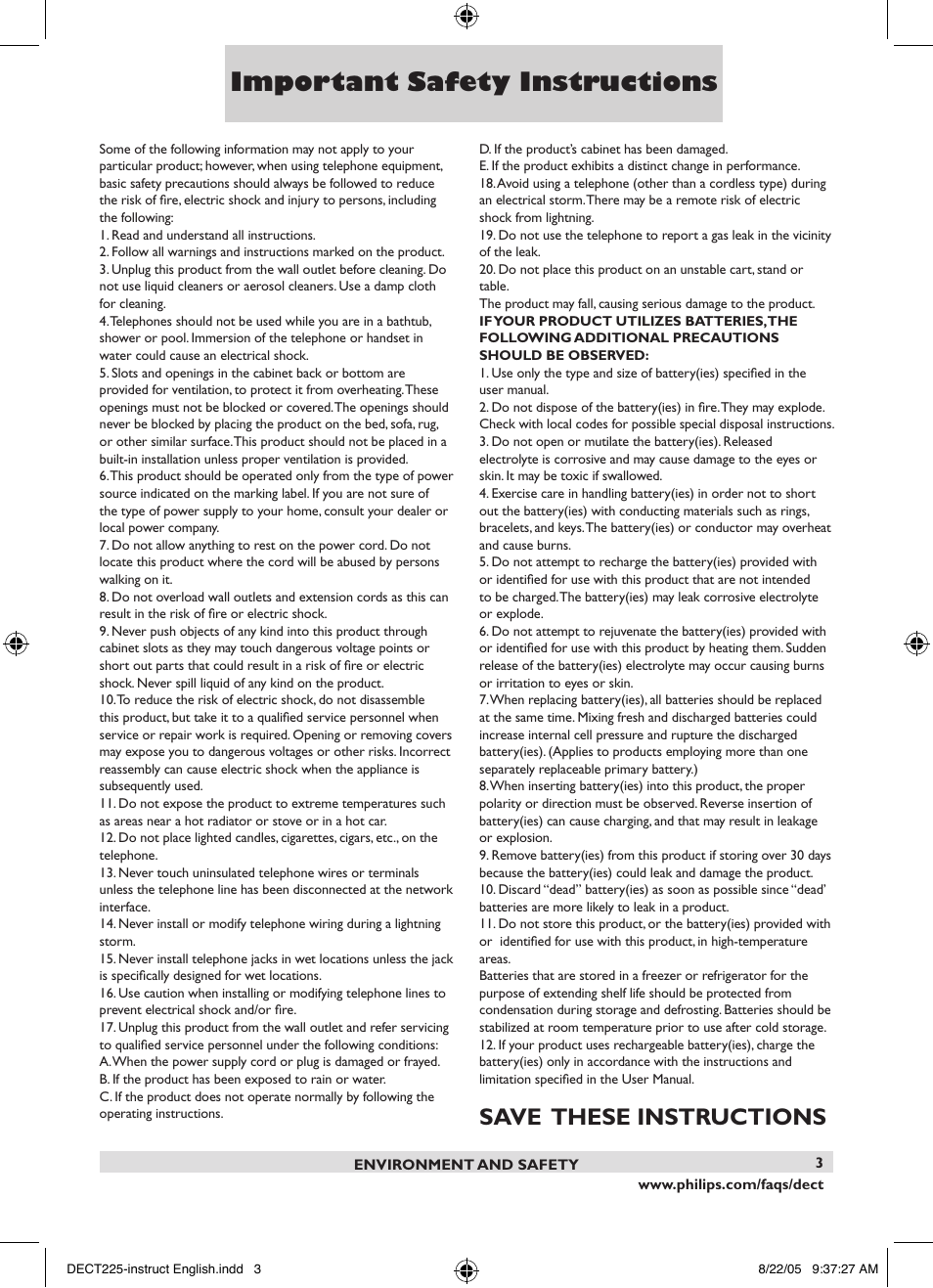 Important safety instructions, Save these instructions | Philips DECT2251S-17 User Manual | Page 5 / 40