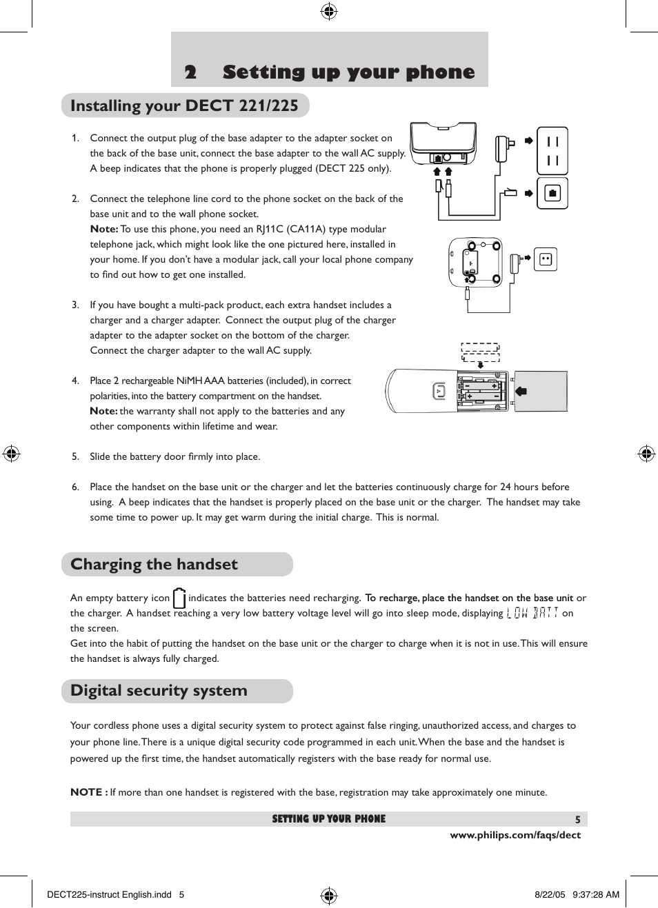 2 setting up your phone, Installing your dect, Charging the handset | Digital security system | Philips DECT2251S-17 User Manual | Page 7 / 40
