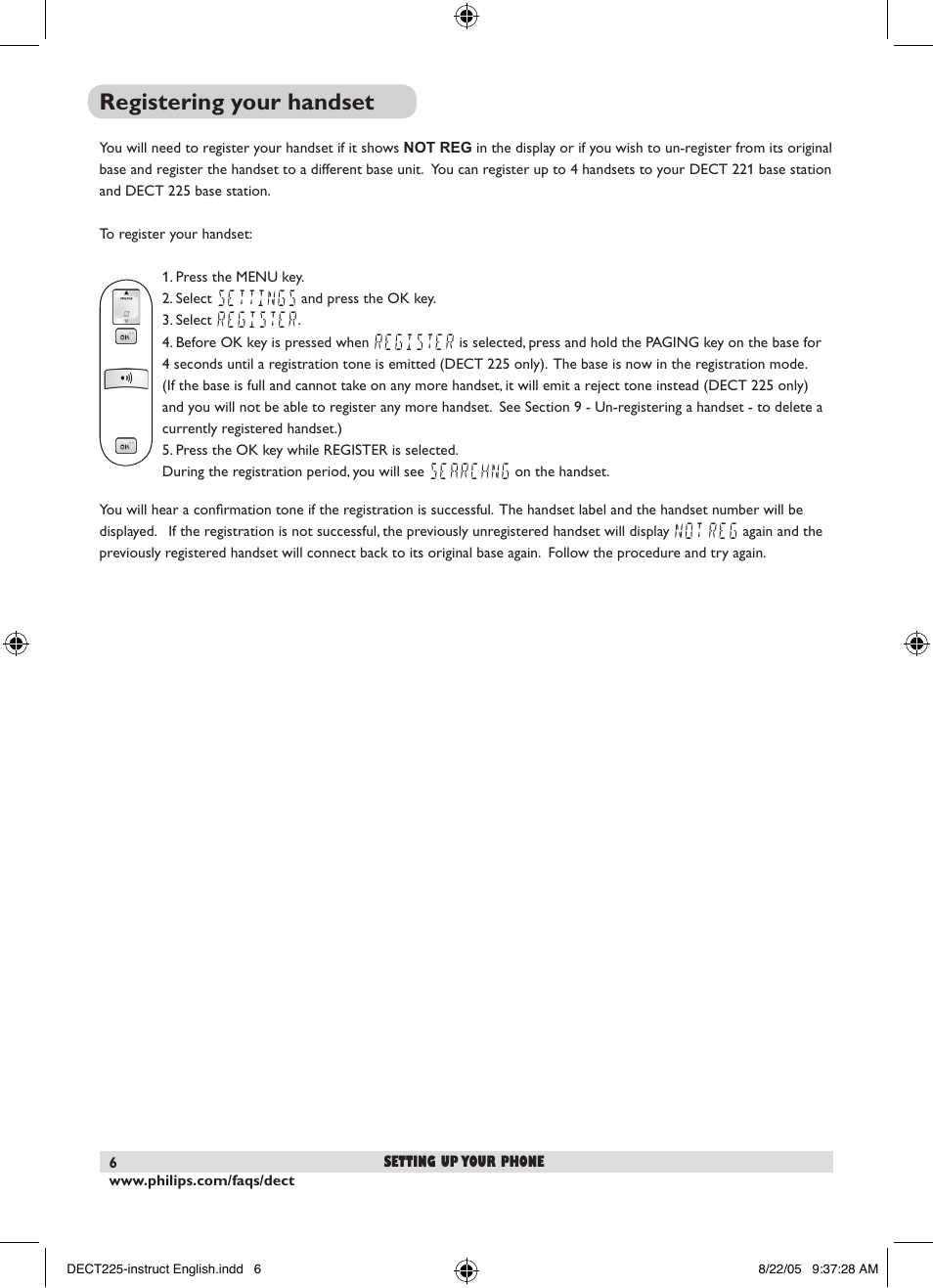 Registering your handset | Philips DECT2251S-17 User Manual | Page 8 / 40