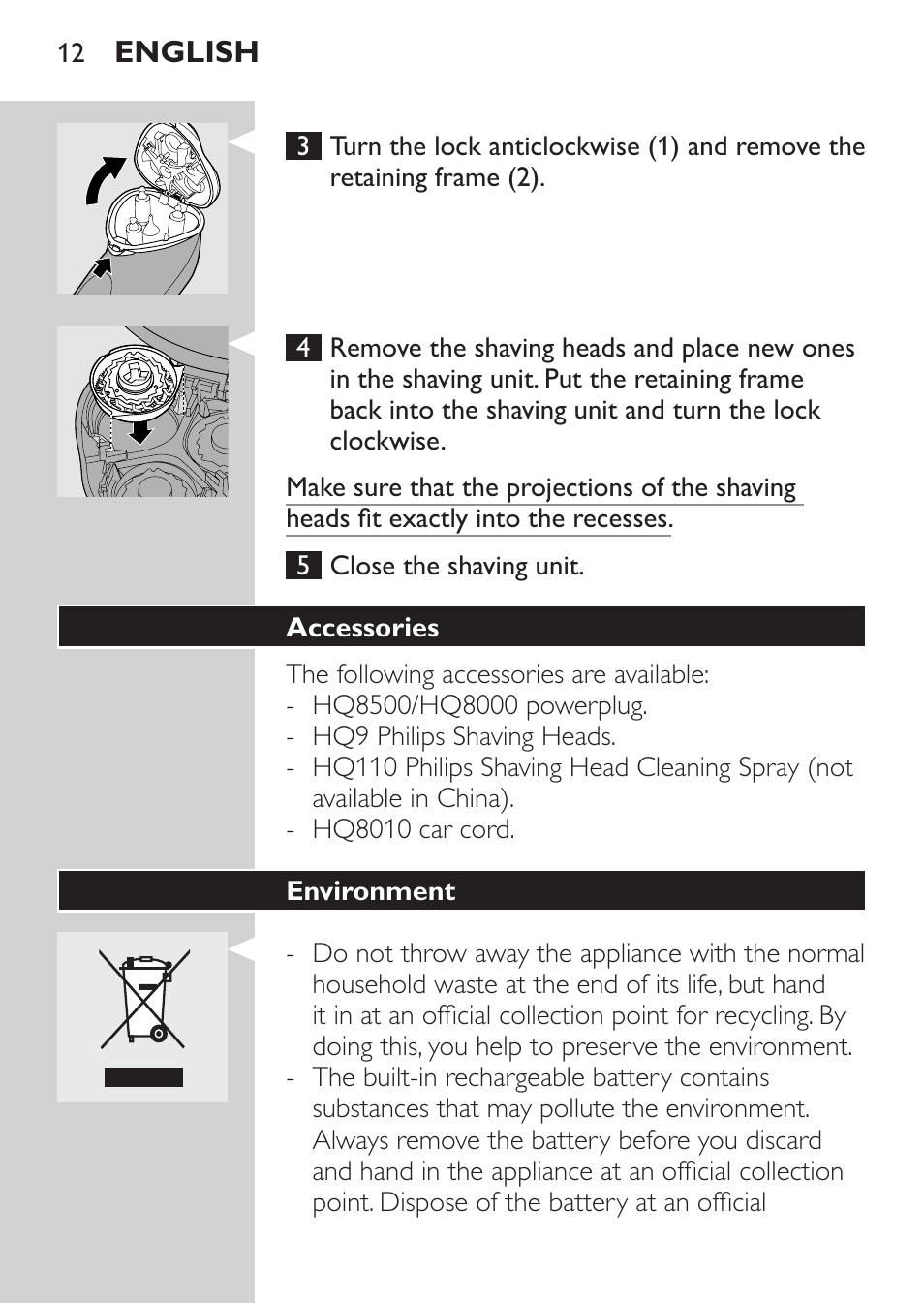 Accessories, Environment | Philips HQ8170-43 User Manual | Page 10 / 100