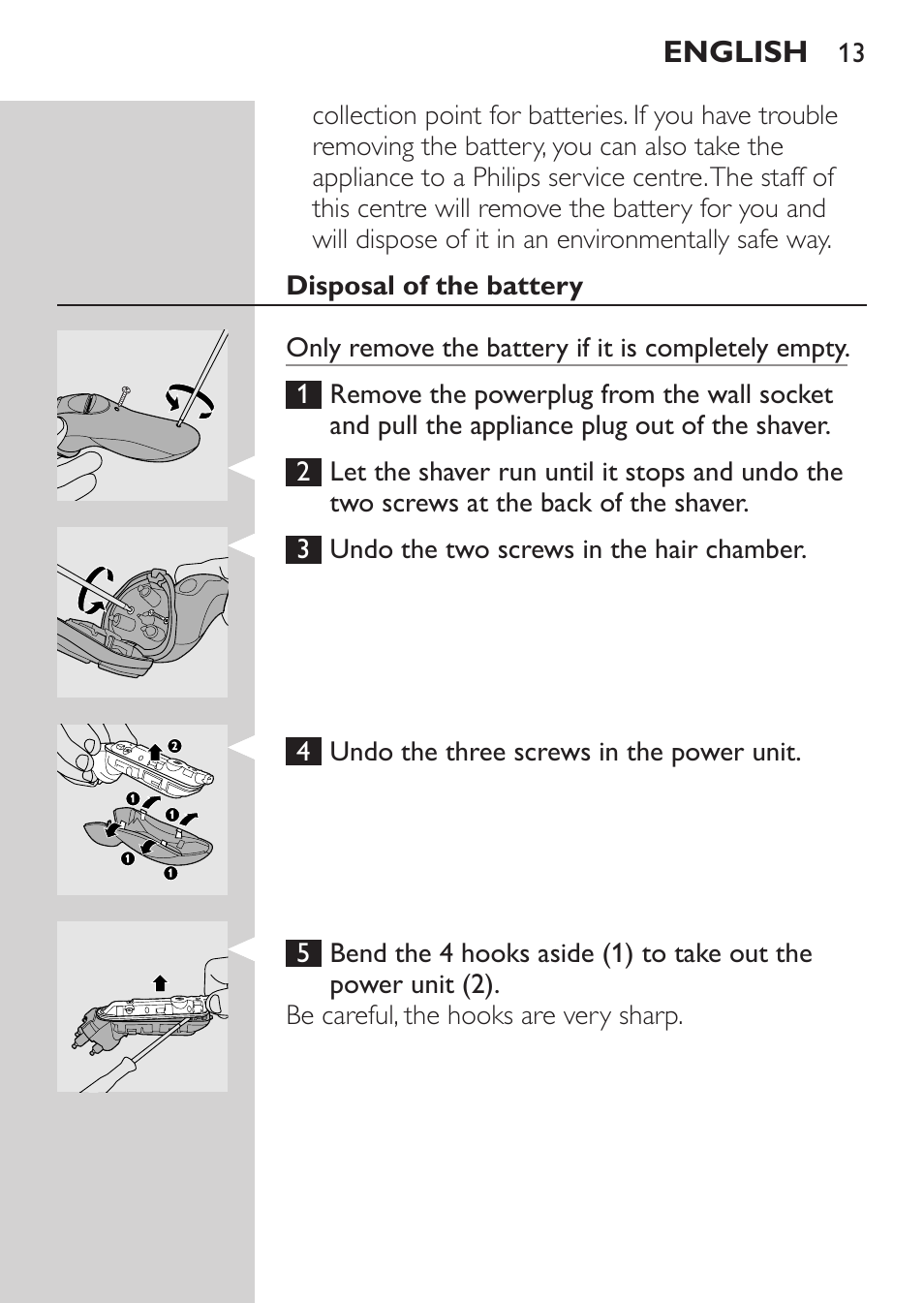 Disposal of the battery | Philips HQ8170-43 User Manual | Page 11 / 100