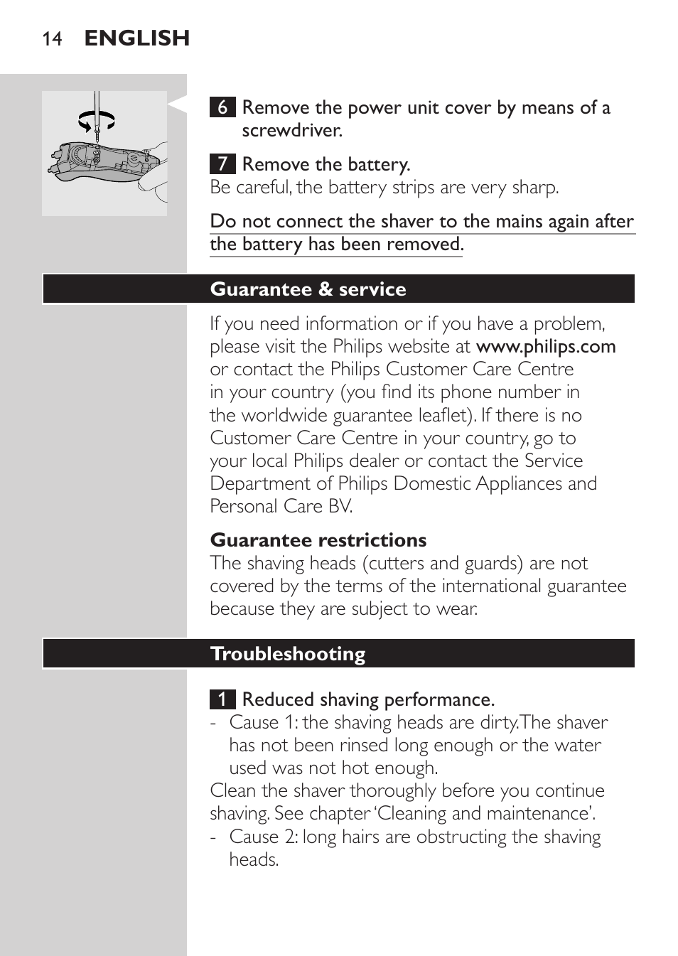 Guarantee restrictions, Guarantee & service, Troubleshooting | Philips HQ8170-43 User Manual | Page 12 / 100