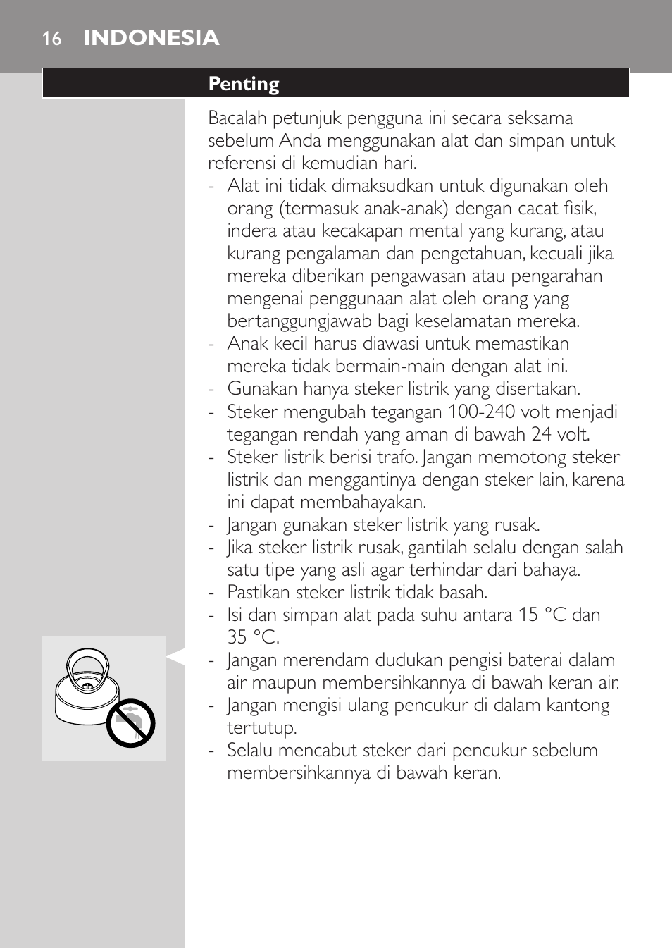 Indonesia, Penting | Philips HQ8170-43 User Manual | Page 14 / 100