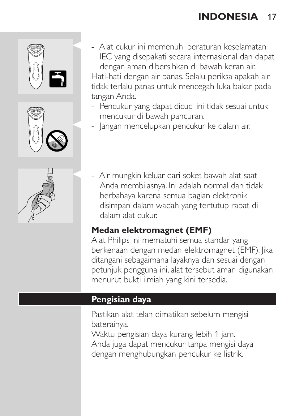 Medan elektromagnet (emf), Pengisian daya | Philips HQ8170-43 User Manual | Page 15 / 100